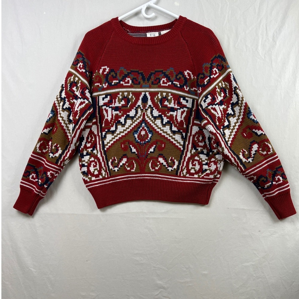 Together! Vintage 90s Geometric Intarsia Knit Sweater Mens Large Red Raglan